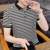 Mens short-sleeved t-shirt Summer trend lapel T-shirt Sea Soul shirt Tide brand pure cotton black and white striped POLO shirt half sleeve