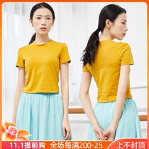 Half high collar short sleeve jazz dance suit T-shirt summer female adult cotton dance practice uniform rolled navel Dance Top