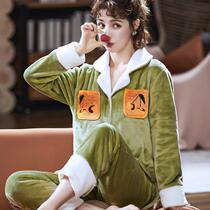 Pajamas woman in winter thickening coral velvet spring and autumn flannel Han edition wearing home clothes warm autumn and winter suit