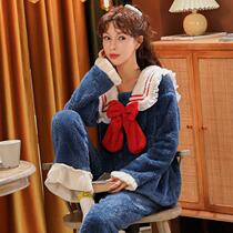 Coral velvet pajamas female autumn and winter thickened velvet navy style sweet and lovely student Princess home suit