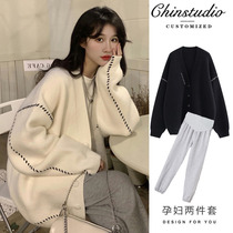 Pregnant womens autumn clothing suit 2022 new autumn-style net red blouses loose jacket women sweaters fall in two sets