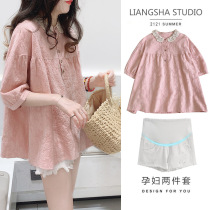 Pregnant Woman Blouse Summer Dress Shirt Doll Cardiovert Summer Thin snow-spun shirt gestation maternity dress Summer suit Two sets summertime