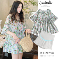 Maternity dress Summer short-sleeved top net red suit Summer high-grade fairy maternity dress Summer thin chiffon