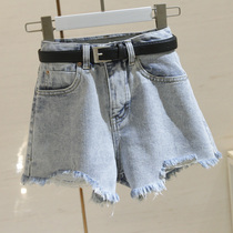 Ripped denim shorts womens high waist 2021 summer net red light-colored burr thin wild wide-leg shorts tide E339