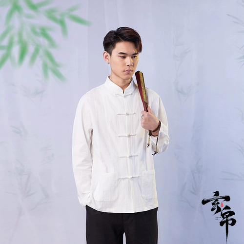 Ретро рубашка, китайский стиль, свободный крой, из хлопка и льна, длинный рукав, большой размер