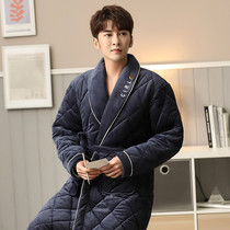 Dressing gown men winter thickened extended flannel three-layer cotton bathrobe plus fleece robe pajamas winter mens