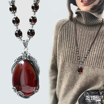Sweater chain female long 2021 New Ruby high end atmosphere Garnet big pendant necklace tide pendant accessories