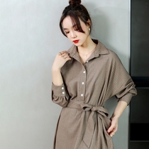 2021 autumn new dress female Korean loose thin aged shirt collar long sleeve temperament striped long skirt