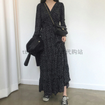 Japan M home 2022 spring and autumn summer new long sleeves v neck polka dot mid-length skirt cake pleated dress