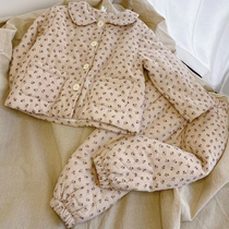 Spot South Korea imported childrens clothing 2021 New Girls children childrens small flowers plus cotton home clothing pajamas set