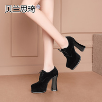 Super high heels women waterproof platform 2021 spring frosted leather European and American retro lace-up thick bottom thick heel deep mouth single shoes