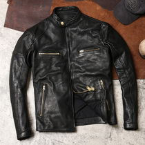 Japanese vintage stand-neck motorcycle leather jacket mens washed tanning thickened sheep leather short slim leather jacket