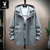 Playboy long trench coat mens hooded spring and autumn Korean trend handsome overcoat