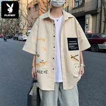 Playboy summer short-sleeved shirt Mens port wind Japanese trend wild seven-point casual tooling shirt jacket
