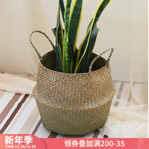 Cushu handmade straw flower pot portable basket storage basket folding storage basket weaving desktop storage basket decoration basket
