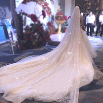 Champagne-colored starry yarn female headgear super long Bride wedding wedding Super fairy series White trailing tremble