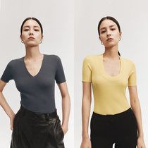 CHICJOC Spring and summer 120S wool OTW technology classic U-neck V-neck all-in-one thin short-sleeved base sweater