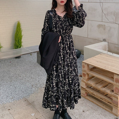 taobao agent Retro autumn demi-season long skirt, dress, French retro style, floral print, maxi length, plus size, fitted, 