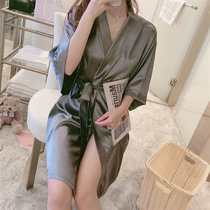  Pajamas womens summer thin ice silk short-sleeved nightgown Japanese solid color sexy womens bathrobe lace-up silk home service
