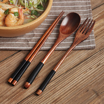 Korean Wood Cutlery Creative Wooden Spoon Three Sets Solid Wood Long Handle Couple Spoon Chopsticks Portable Cutlery