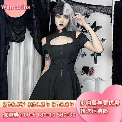 taobao agent Black design dress, fitted brace with zipper, mini-skirt, punk style, trend of season, A-line