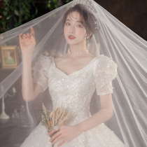 Light wedding dress 2021 new summer short sleeve word shoulder thick arm bride Super fairy temperament thin main yarn