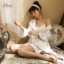 Qingtong pajamas womens summer long-sleeved shorts thin ice silk can be worn outside 2021 new home wear suit summer