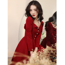 Toast service bride bride 2021 new long sleeve engagement usually can wear back door wedding wine red dress women Autumn