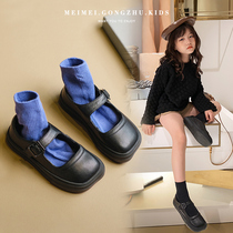 Leather black square head girl shoes 2021 spring and autumn soft soles childrens shoes British style baby princess shoes