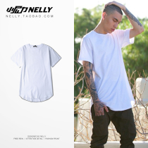 High street solid color base arc hem extension short sleeve TEE men's and women's T-shirt half sleeve dark shirt