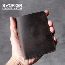 Minimalist Classic Short Wallet Man Handmade Original Imported Head Layer Bull Skin Mad Mappie Money Clip Genuine Leather Woman and America Retro