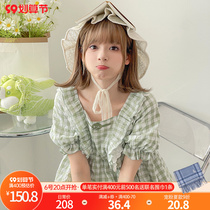 Vegetable poké dish dog original Mori female tribe cute square collar skirt puff sleeves loose plaid dress summer