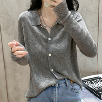 Grey Flip Collar Knit Cardiovert Temperament Loose 2022 Spring Summer New Short polo collar Long sleeve blouse