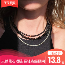 Natural stone Black Manau Necklace Black stone Ins minimalist dark Black Superior sensation handmade beads Semi-jewel laminated with collarbone