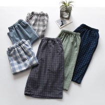 Plaid simple Japanese pajamas womens summer cotton cotton washed thin section beach shorts lovers home pants