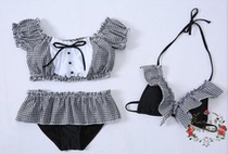 (New) Japanese soft girl cute black plaid sweet girl split three-piece swimsuit with chest pad hot spring