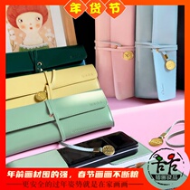 Illustration good product custom cowhide pencil bag watercolor art special portable painting kit large capacity simple dark green