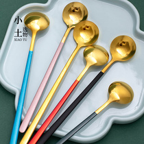 Color 304 stainless steel long handle mixing spoon spoon coffee small Korean gold household round head dessert spoon