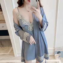 Mulberry silk pajamas womens 2021 autumn new sexy Ice Silk suspender dress nightgown long sleeve gown two-piece suit