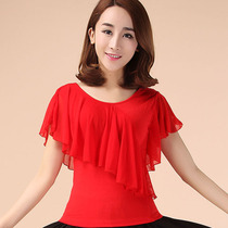 New spring and summer square dance clothing womens mesh performance dance top round neck Latin dance dance practice suit cotton