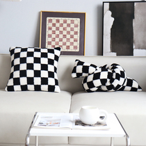 Nordic modern simple ins style checkerboard pillow living room sofa black and white pillow bag lamb wool cushion