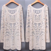 Lace long-sleeved blouse medium-long beach sunscreen pullover bikini swimsuit jacket hollow out female plus size