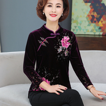 Mother autumn dress Foreign color embroidered top middle-aged women wear gold velvet shirt middle-aged women Spring and Autumn long sleeve base shirt