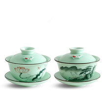 Green Porcelain Thickened Cover Bowl Kongfu Tea With Hand-painted Lotus Carp Salmon Triple cover Bowl Big tea Tea Bowl for tea preparation