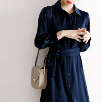 Japanese light luxury lace-up lapel shirt dress womens autumn waist thin elegant temperament Casual dress long dress
