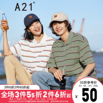 A21 summer 2021 new mens loose stripes short sleeve couple polo shirt boys Xinjiang cotton retro T-shirt women