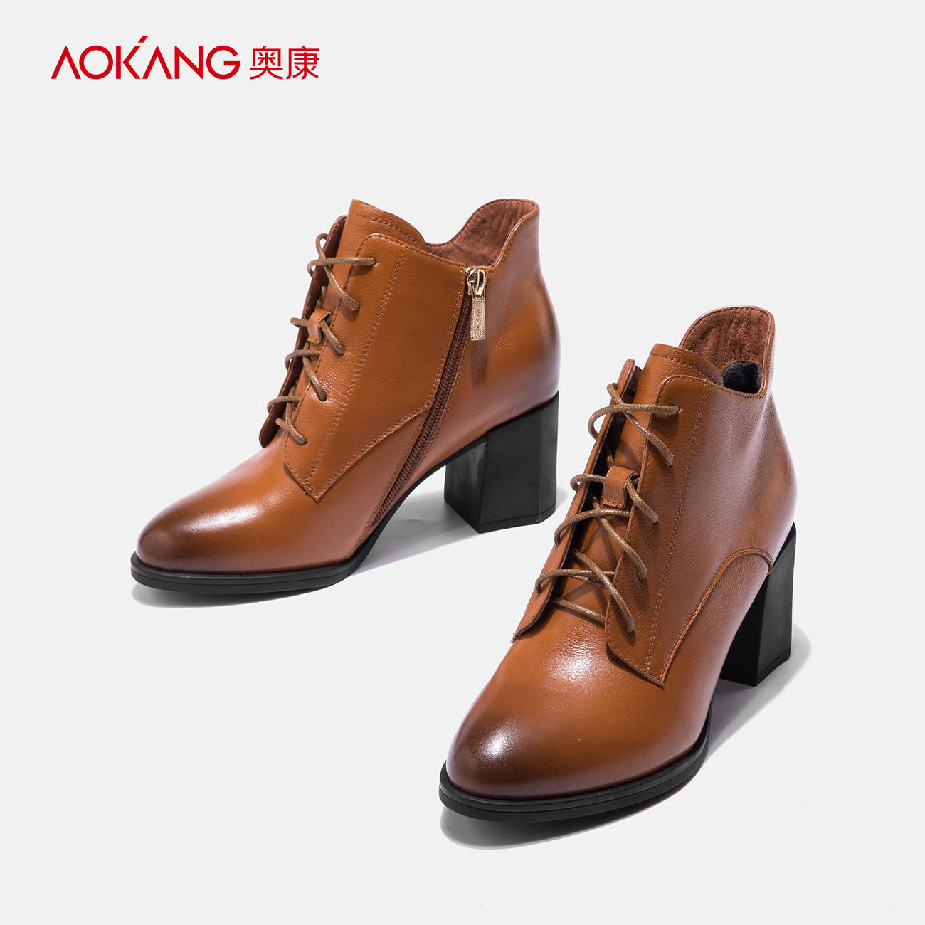 Aokang women's shoes 2018 winter new leather thick high-heeled fashion women's boots rub color European and American style Martin boots short boots