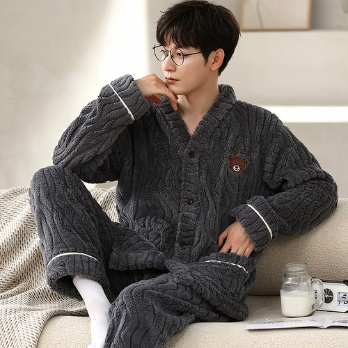 Мужская коралловая бархатная пижама, демисезонный утепленный фланелевый комплект, коллекция 2023