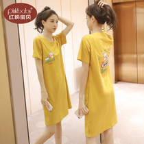 Pajamas women Summer cotton short sleeve thin nightgown simple cartoon cute outside wear cotton loose large size home clothes