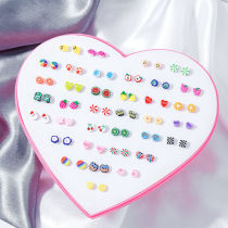 New 36 Pairs Fruit Animal Cartoon Mini Ear Nail Little Fresh Creative Ear Accessories Soft Pottery Glue Needle Anti-Allergy Box Dress